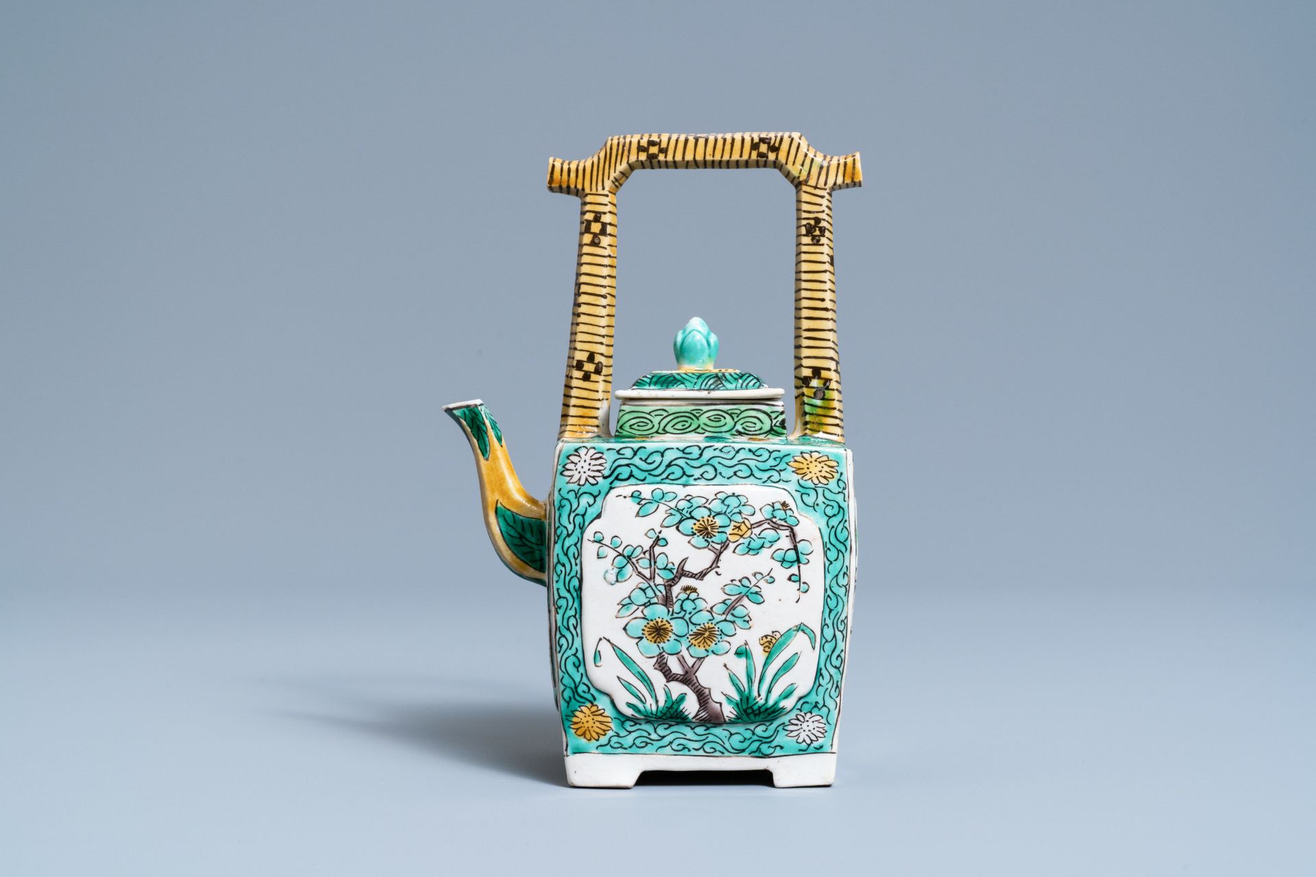 A Chinese verte biscuit teapot and cover, Kangxi - Image 2 of 7