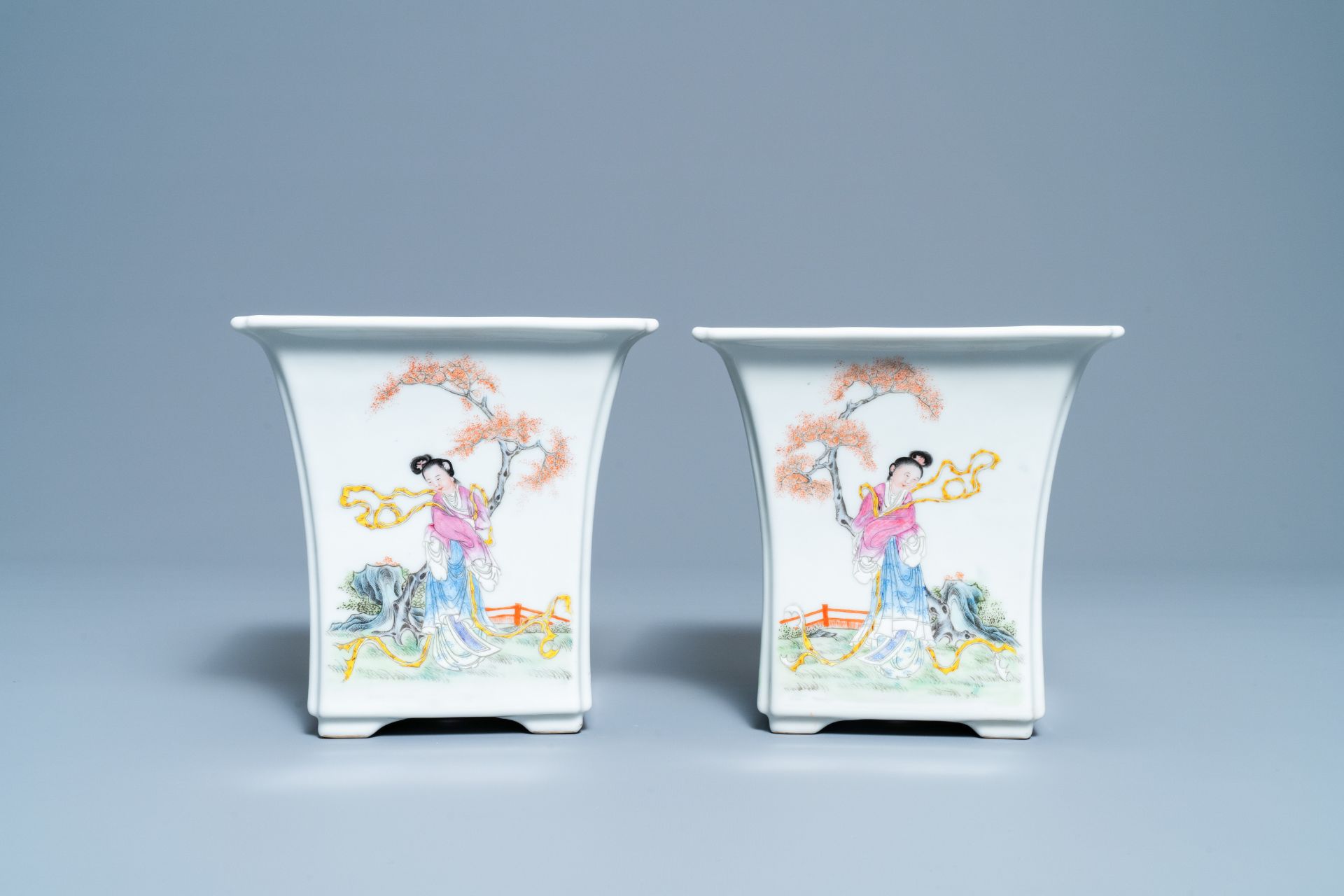 A pair of Chinese famille rose jardinières on stands, Qianlong mark, Republic - Image 4 of 10