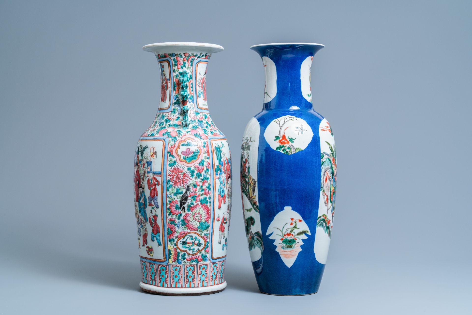 A Chinese famille rose vase and a famille verte powder blue-ground vase, 19th C. - Image 4 of 6