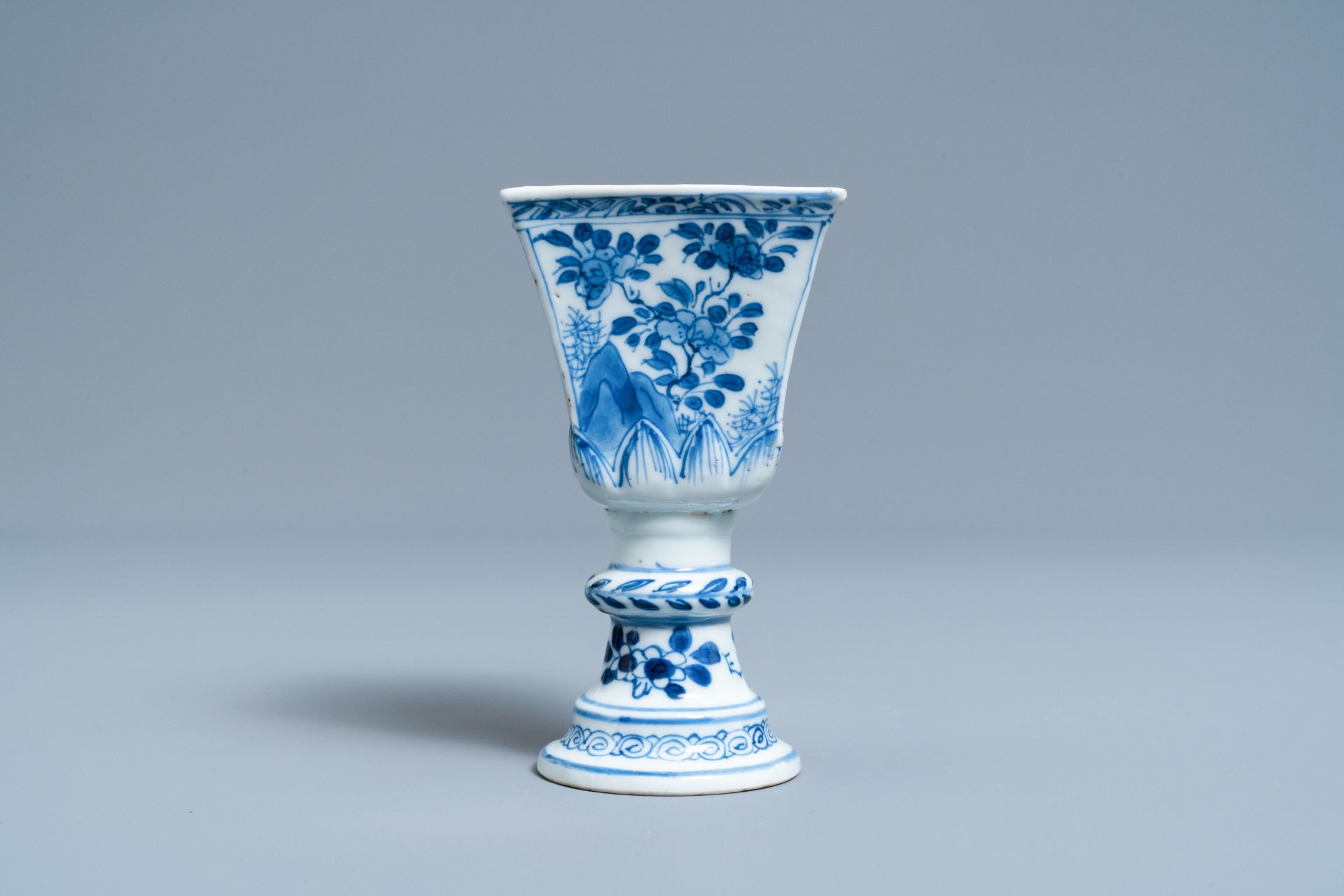 A rare Chinese blue and white tapered square quadrangular stem cup, Kangxi - Image 3 of 7