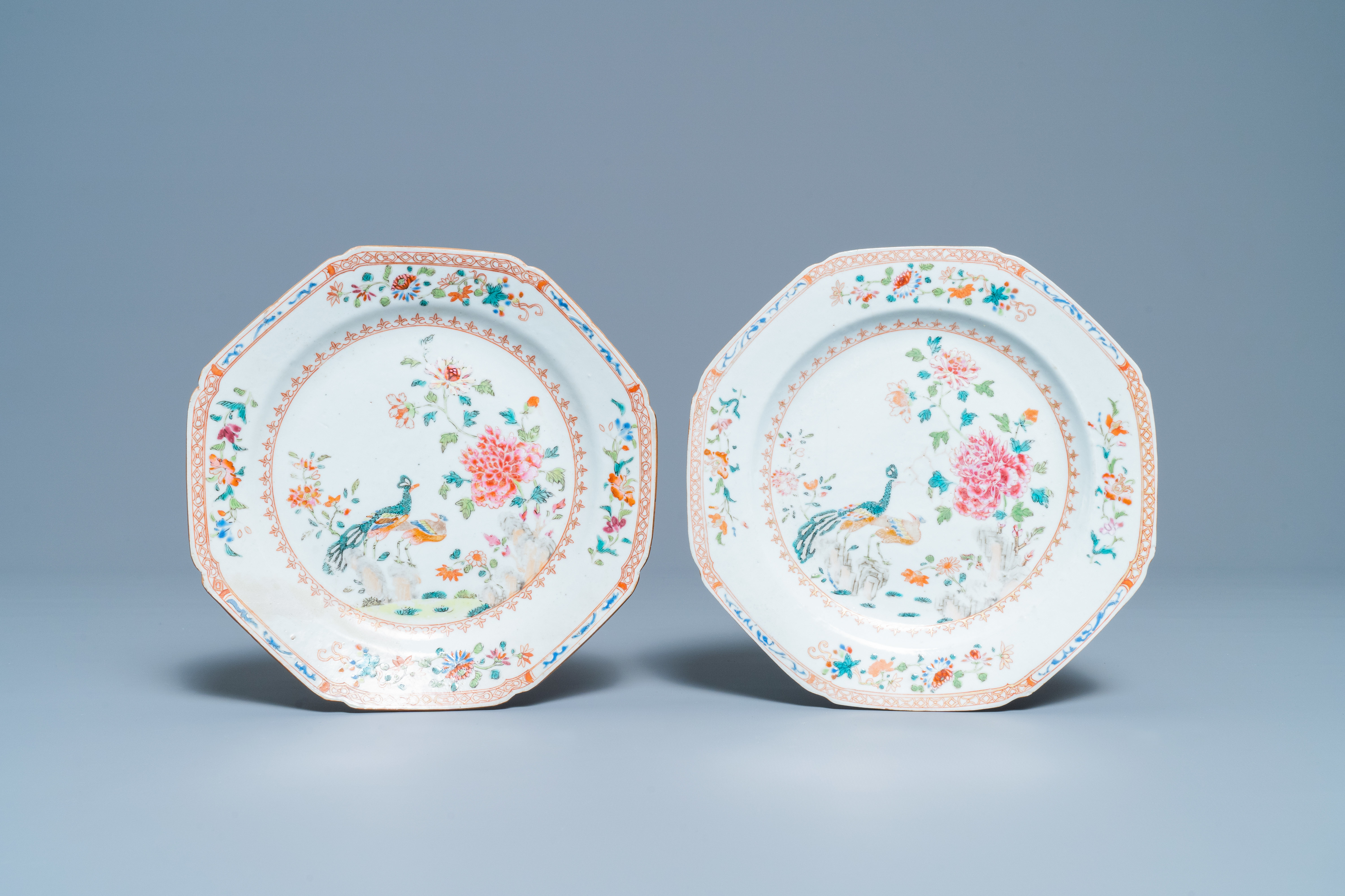 Five Chinese famille rose 'double peacock' porcelain wares, Qianlong - Image 4 of 11