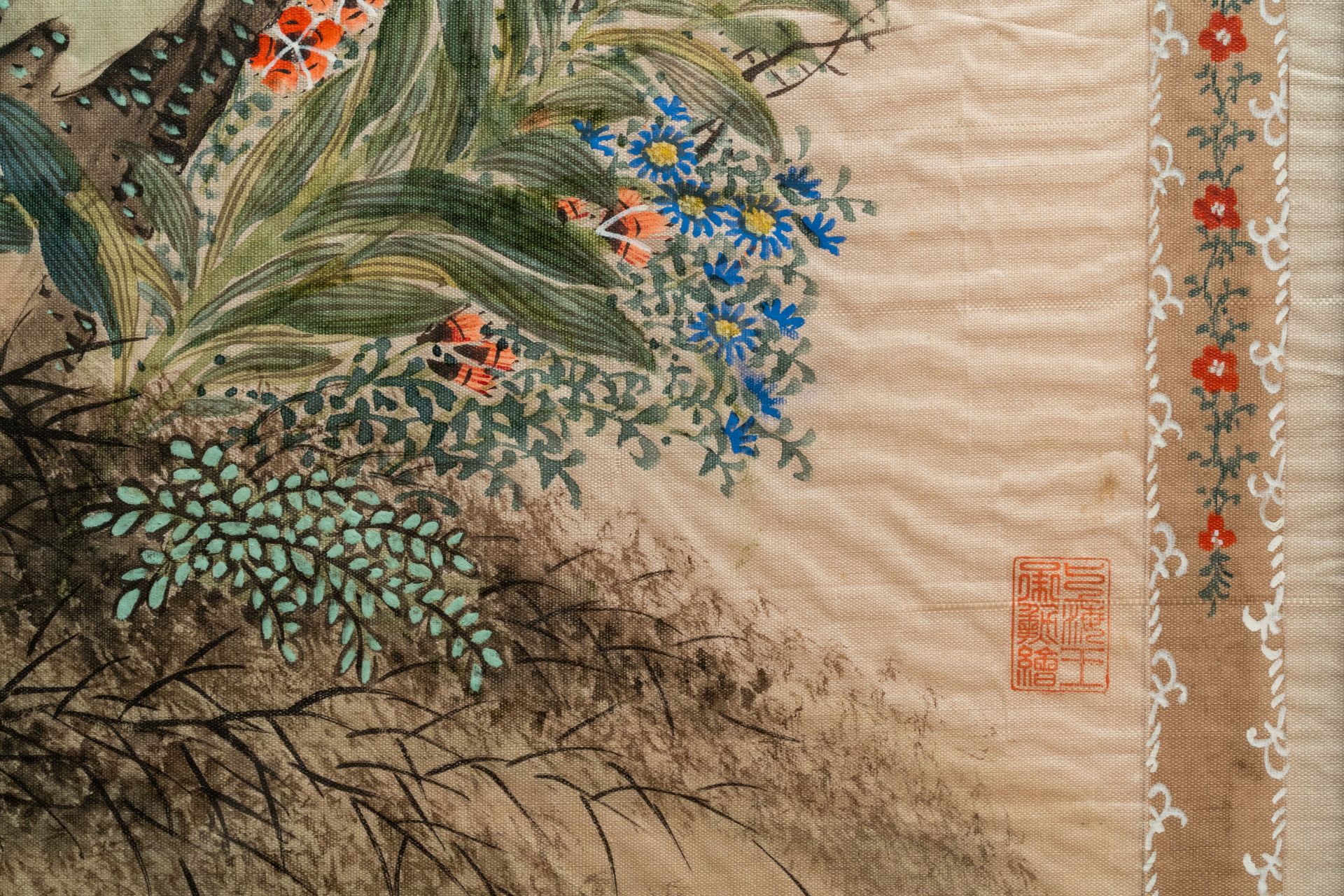 Chinese school, ink and colour on textile, 19/20th C.: 'Birds & ducks near blossoming branches' - Image 7 of 7