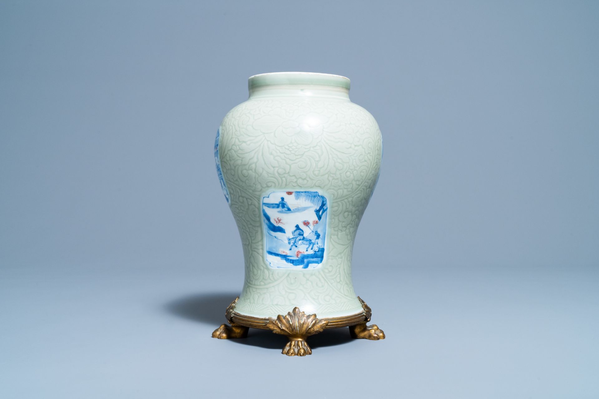 A Chinese incised celadon-glazed vase with blue, white and copper red panels, Kangxi - Image 9 of 14