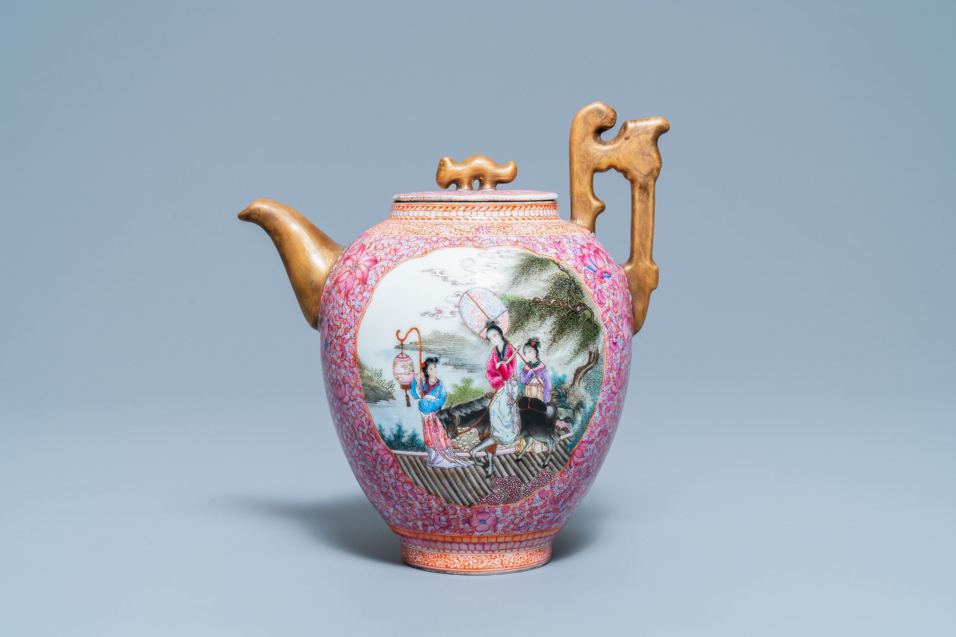 A tall Chinese famille rose wine ewer and cover, Qianlong mark, Republic - Image 2 of 7