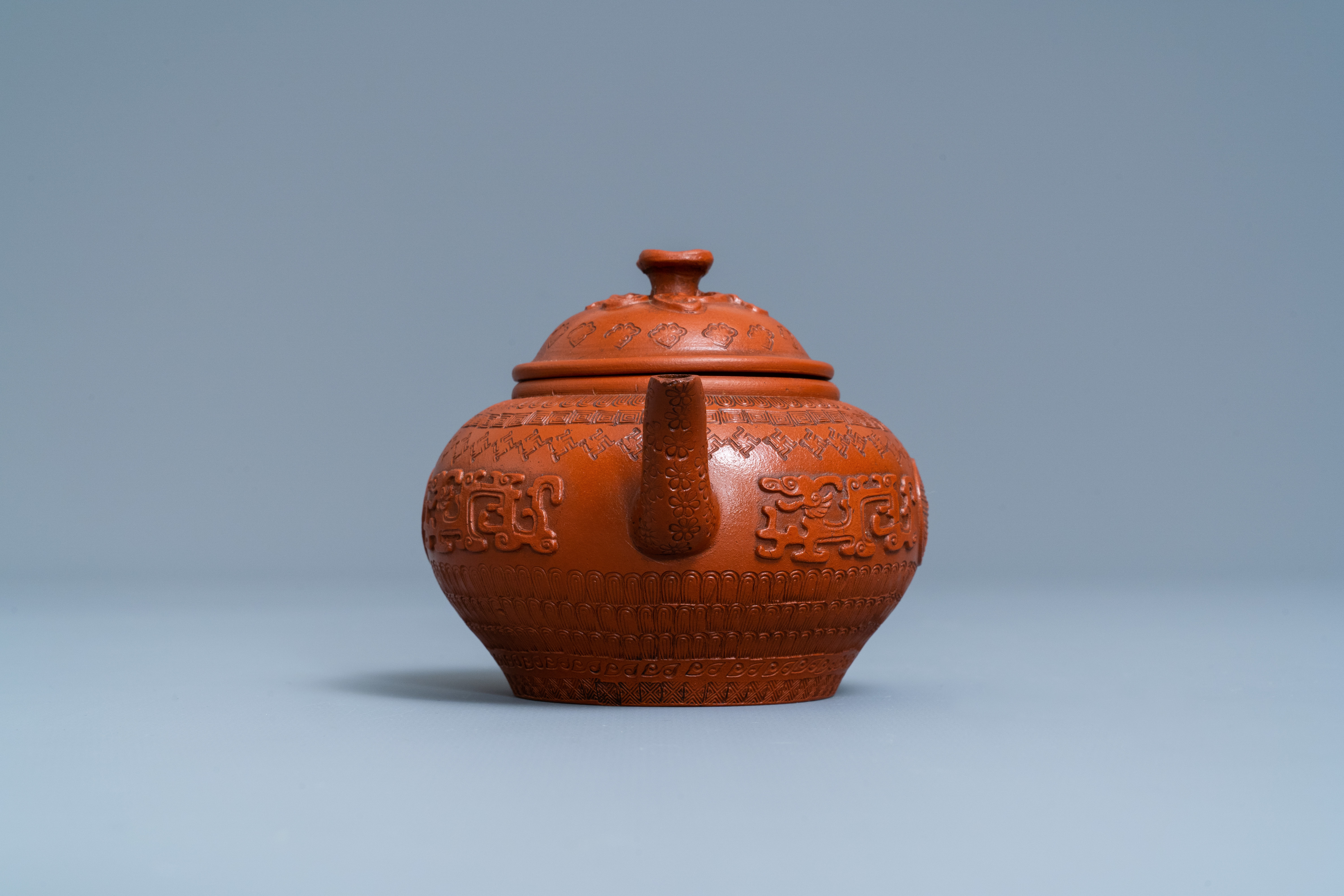 A Chinese Yixing stoneware teapot and cover with applied and impressed design, Kangxi - Image 3 of 7