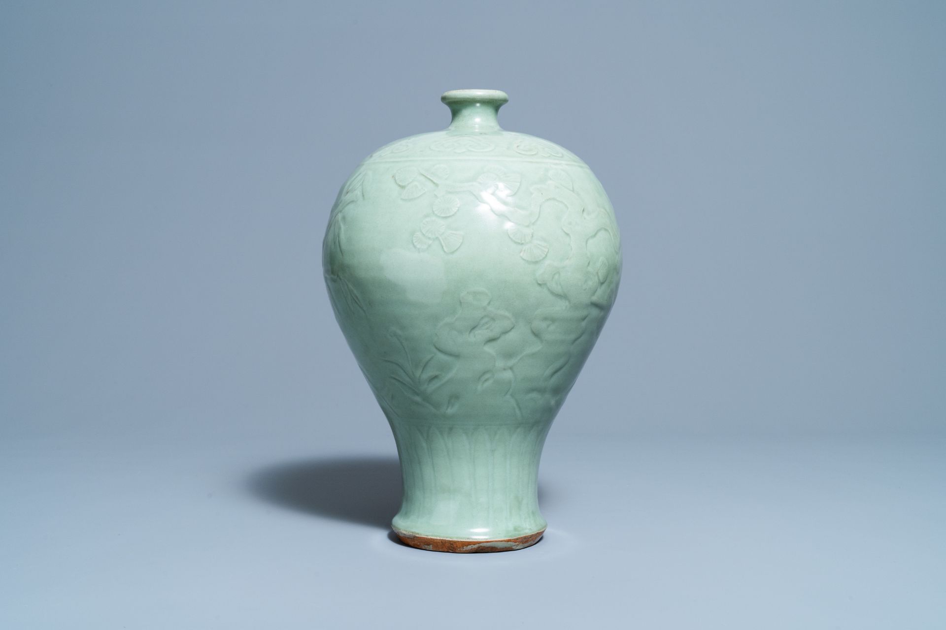 A Chinese Longquan celadon 'Three friends of winter' vase, 'meiping', Ming - Image 7 of 10