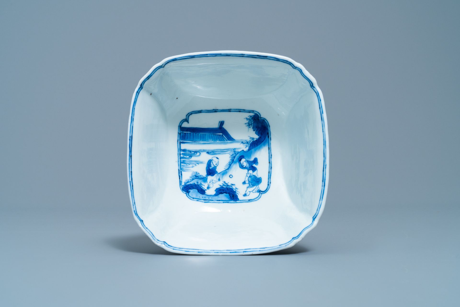 A Chinese blue and white bowl with a lady with cat, Kangxi mark and of the period - Image 5 of 15