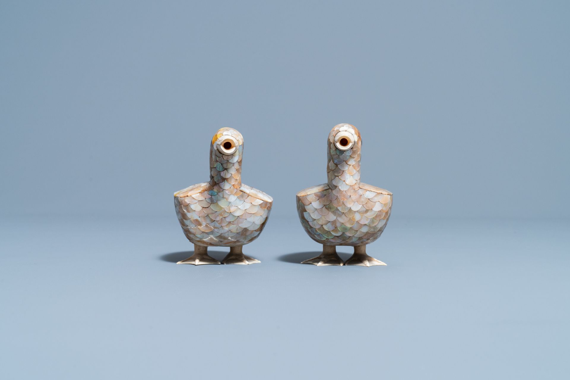 A pair of Chinese bone and mother-of-pearl models of ducks, 19th C. - Image 6 of 8