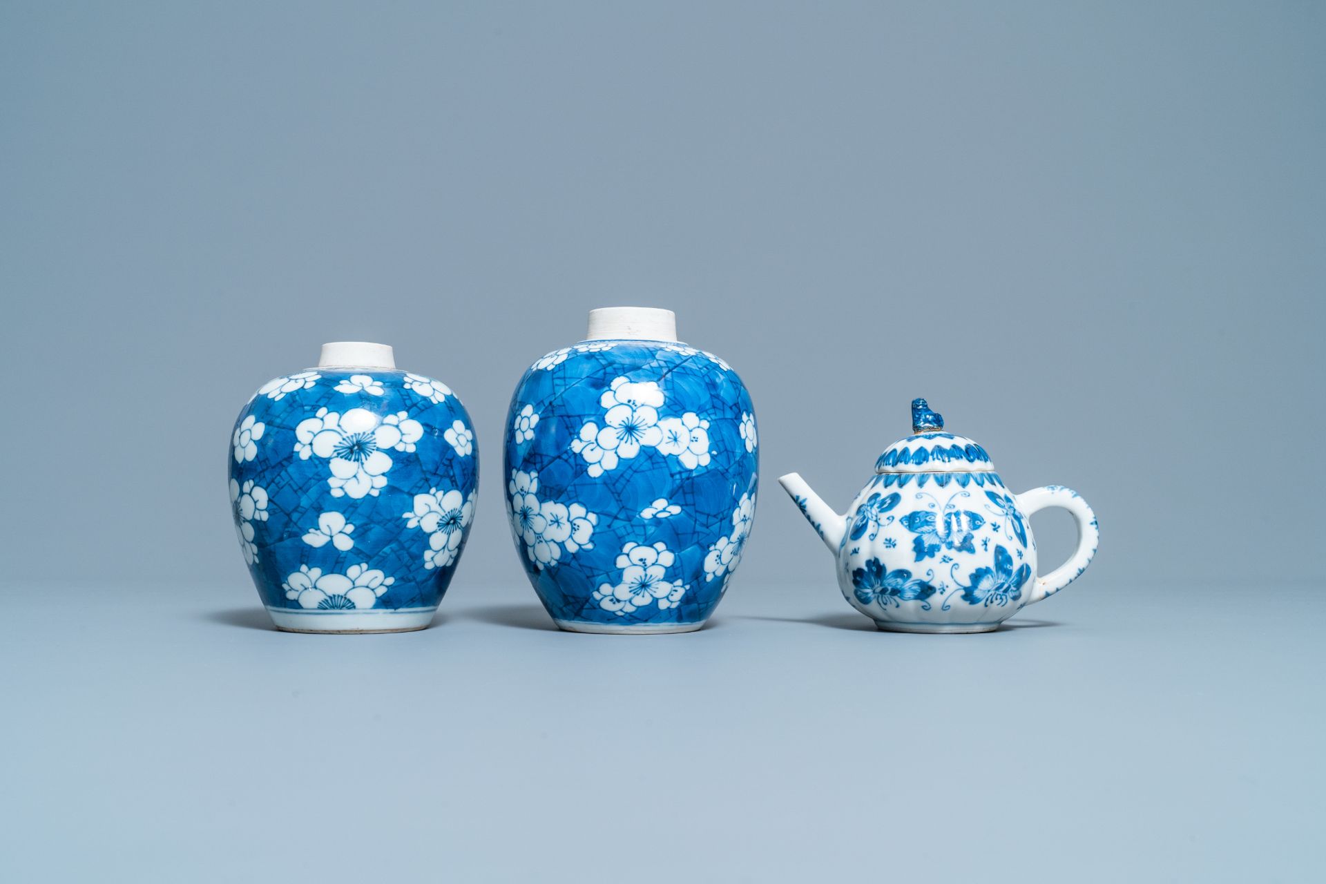 A pair of Chinese blue & white 'prunus' jars & a 'butterfly' teapot & cover, Kangxi - Image 3 of 8