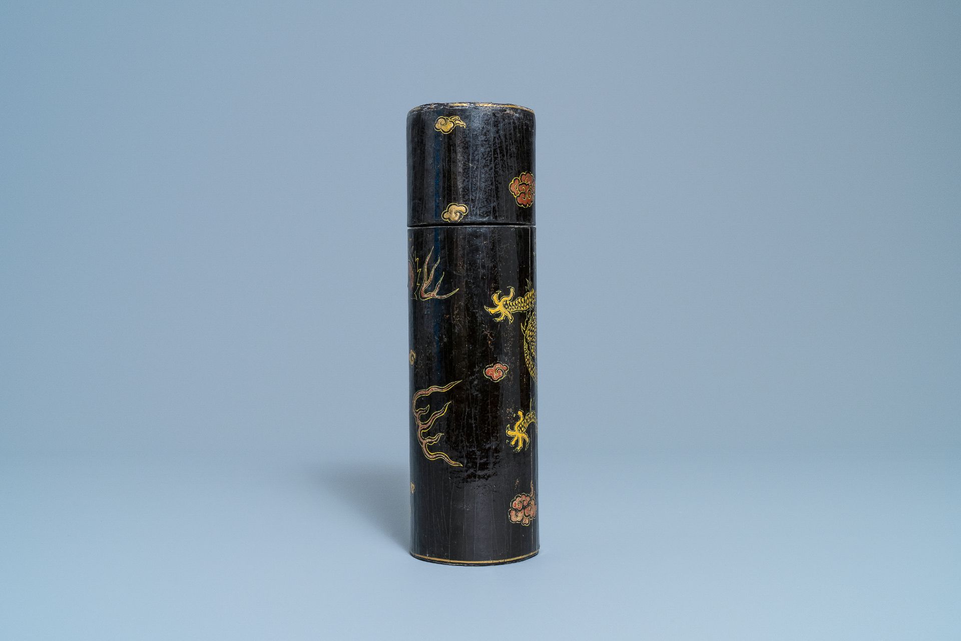 An imperial Chinese cylindrical painted and lacquered wood edict container, 17/18th C. - Image 4 of 34