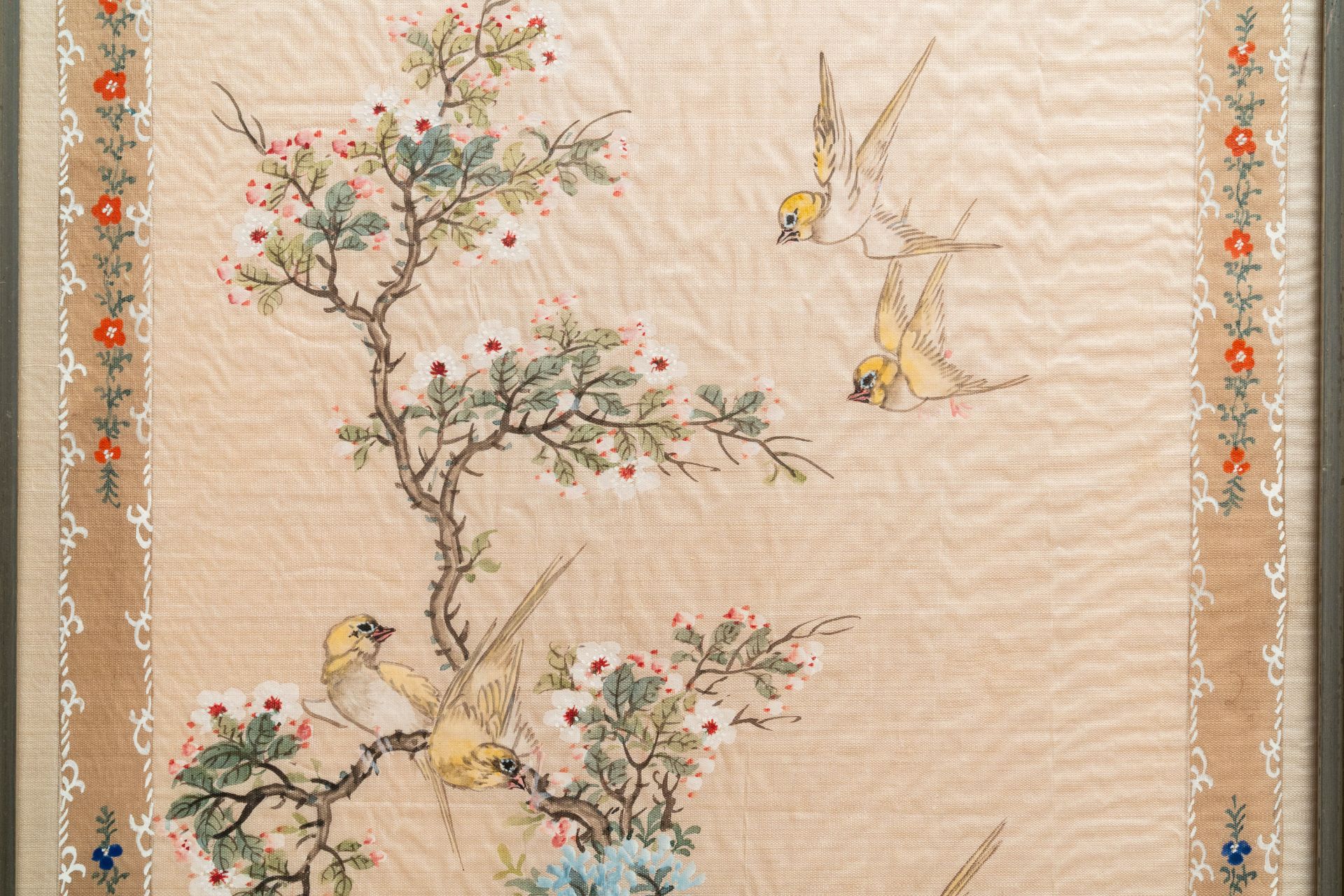 Chinese school, ink and colour on textile, 19/20th C.: 'Birds & ducks near blossoming branches' - Image 5 of 7