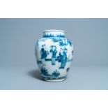 A Chinese blue and white vase with figures in a landscape, Transitional period