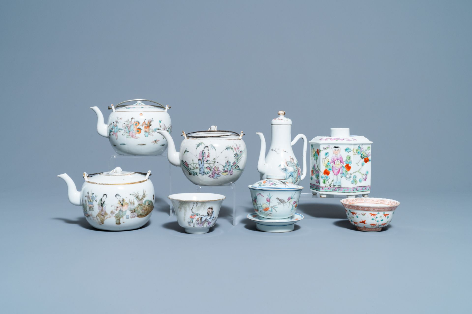 Four Chinese famille rose teapots, three bowls and a caddy, 19/20th C. - Image 2 of 20