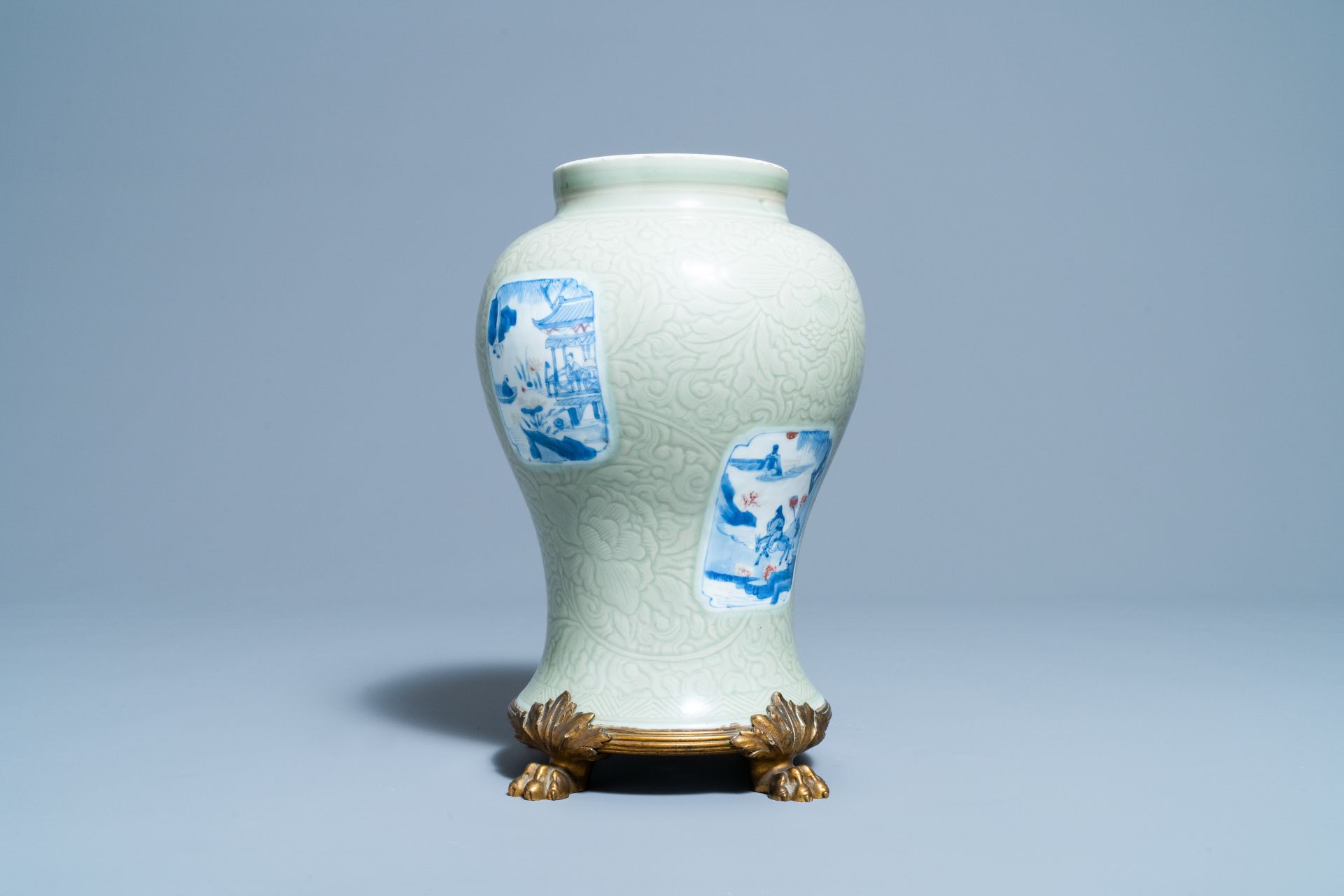 A Chinese incised celadon-glazed vase with blue, white and copper red panels, Kangxi - Image 8 of 14