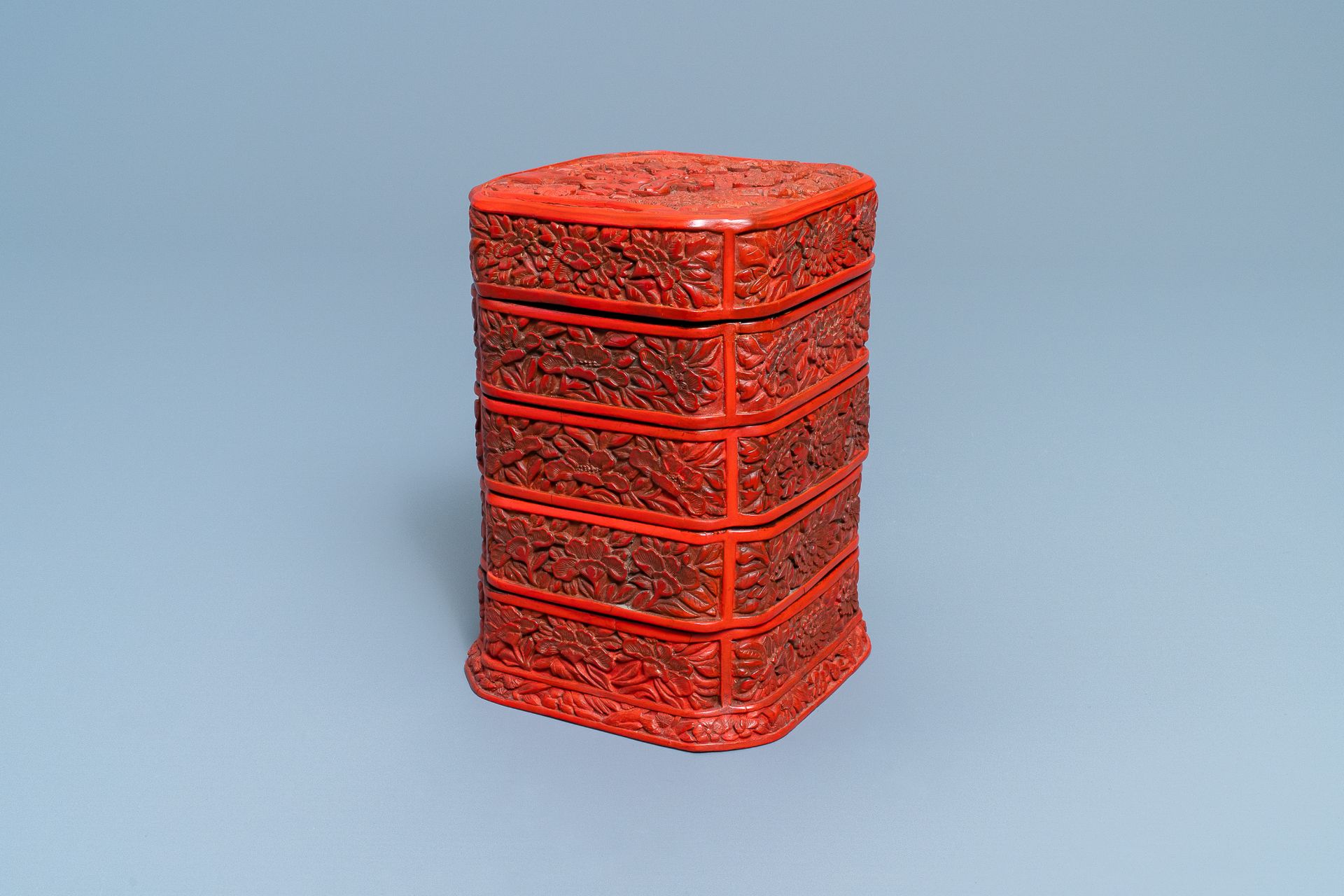 A Chinese red cinnabar lacquer four-tiered box, Wanli - Image 6 of 15