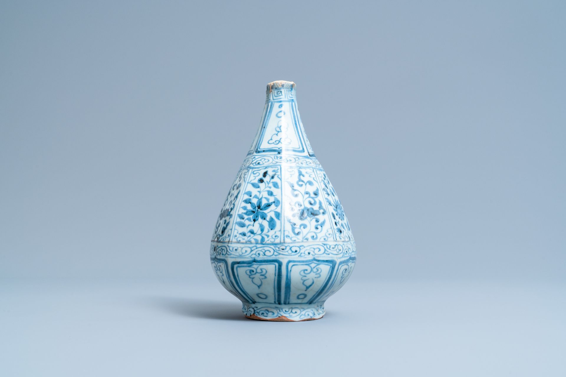 A Chinese blue and white octagonal bottle vase with floral design, Hongwu - Image 3 of 6