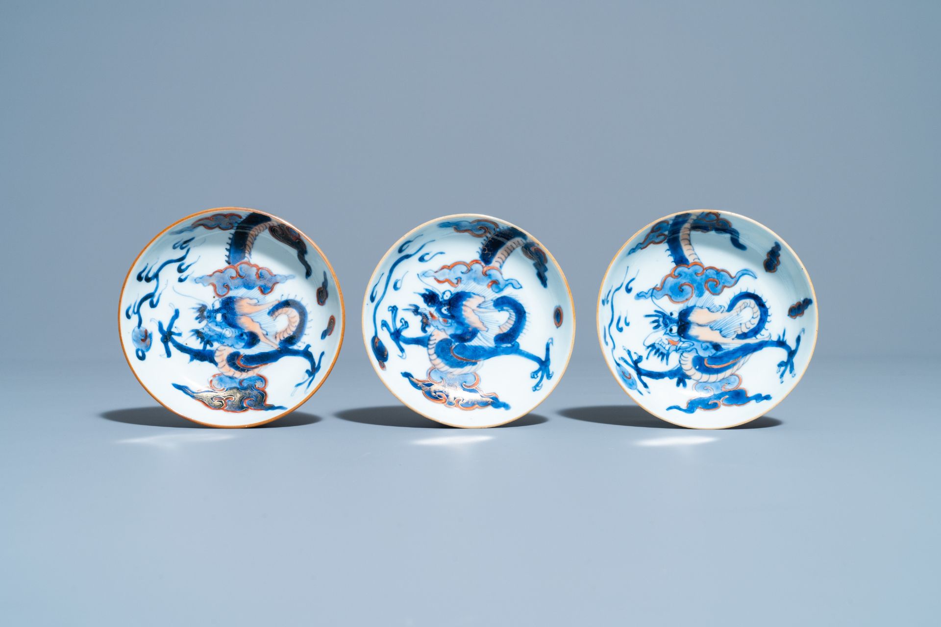 Six Chinese doucai 'dragon' cups and saucers, Kangxi - Image 2 of 11