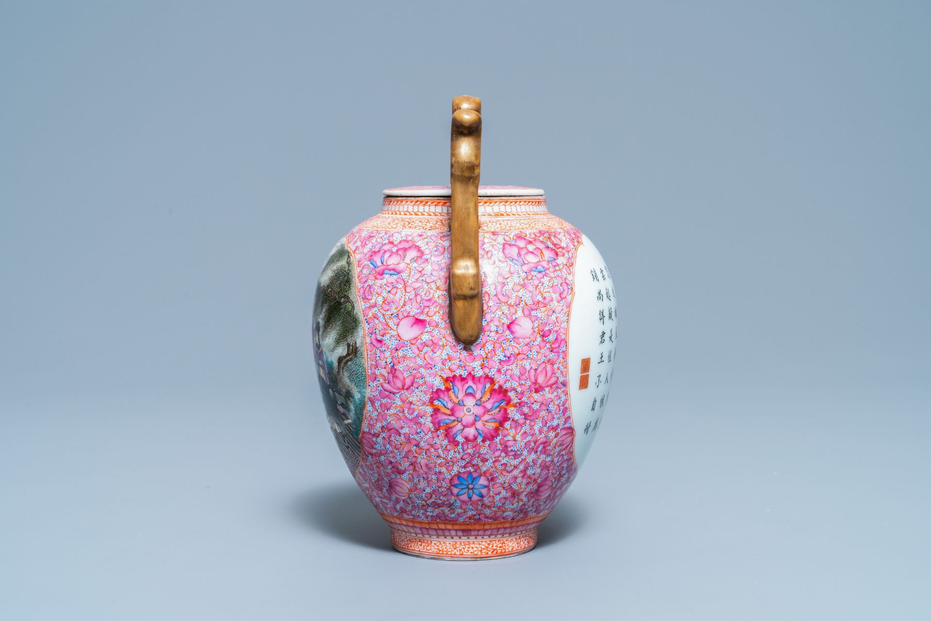 A tall Chinese famille rose wine ewer and cover, Qianlong mark, Republic - Image 3 of 7