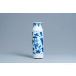 A Chinese blue and white rouleau vase with figures in a landscape, Transitional period