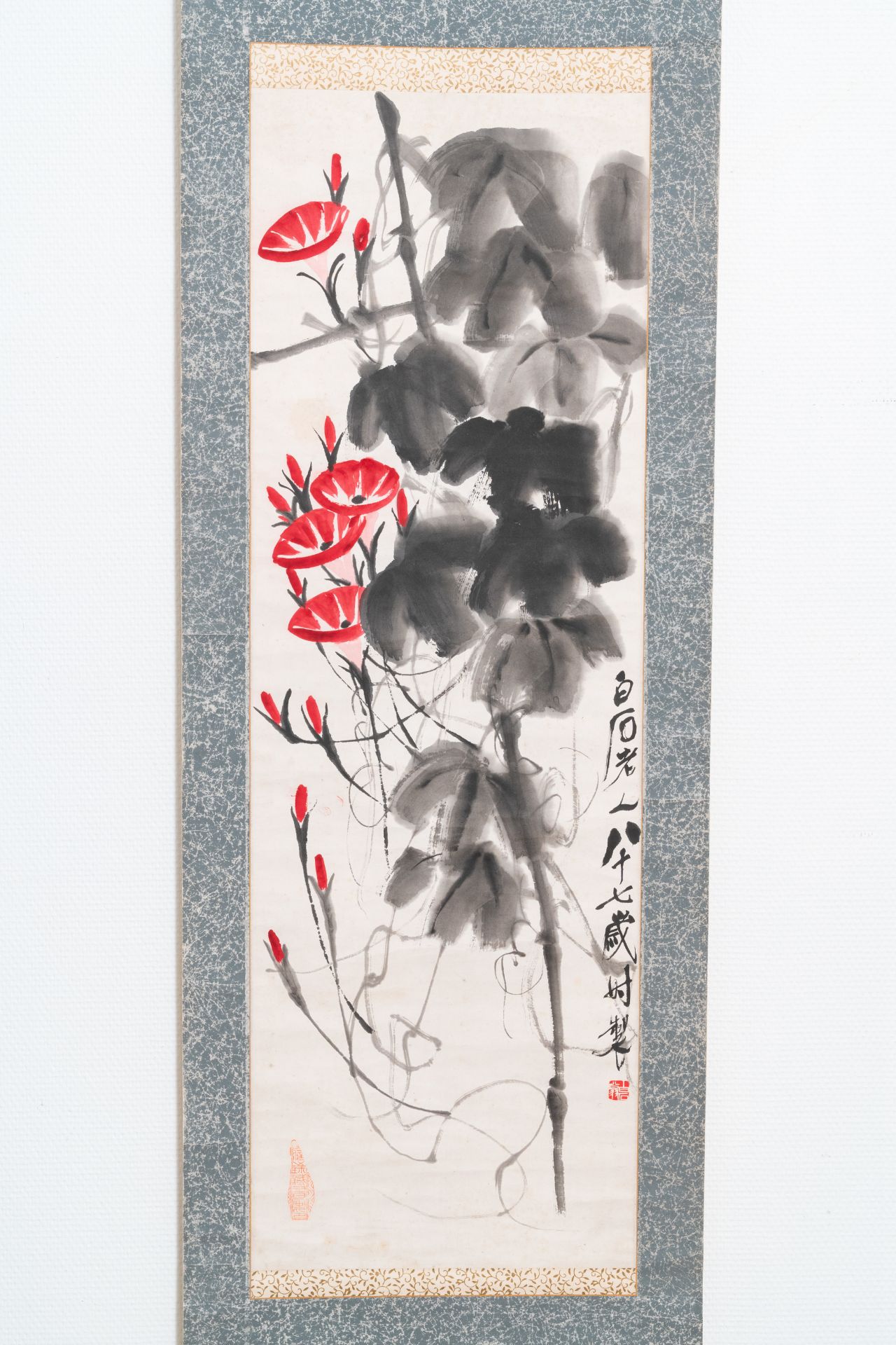 Qi Baishi (1864 - 1957), ink and colour on paper, mounted as a scroll: 'Morning glories' - Image 2 of 8