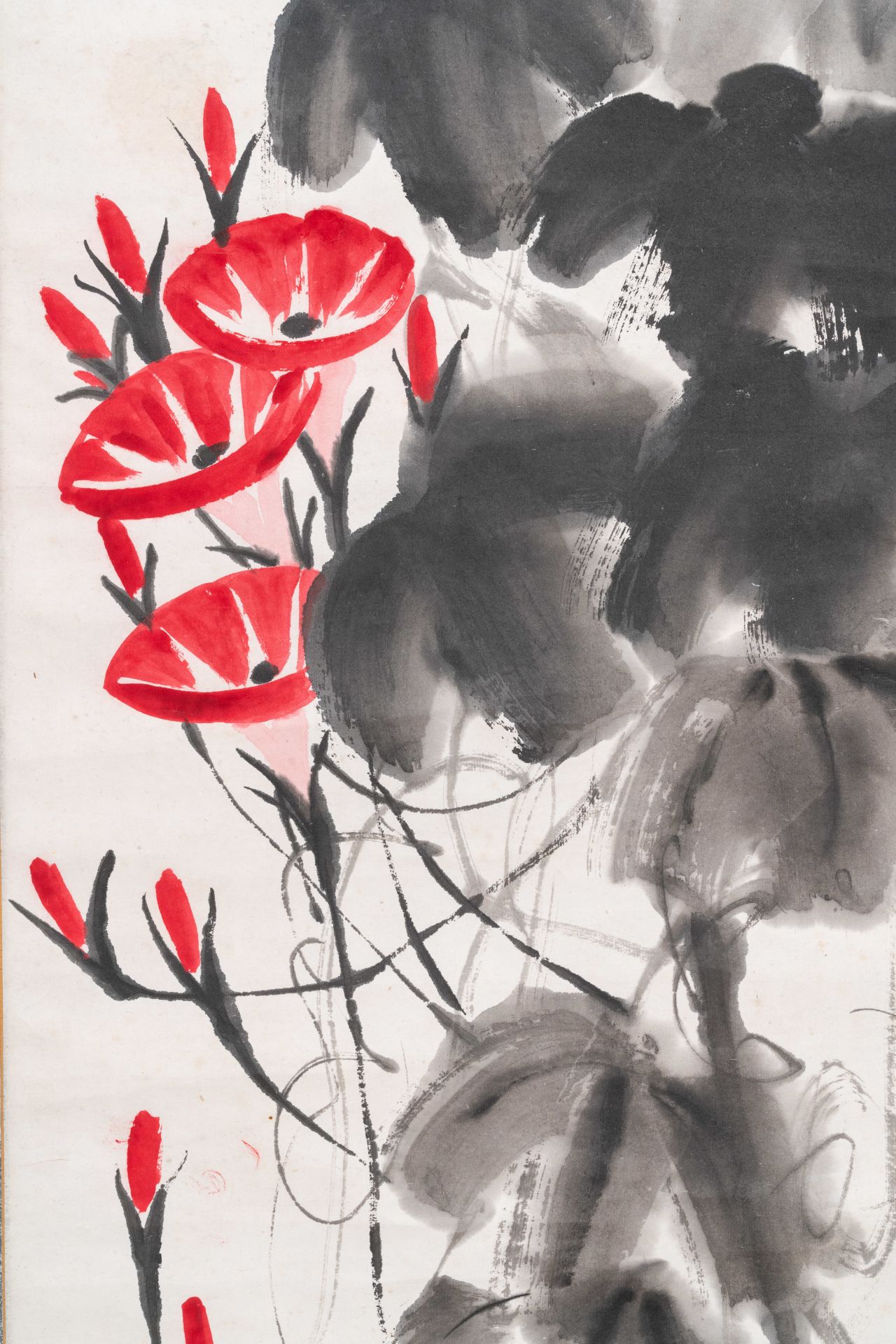 Qi Baishi (1864 - 1957), ink and colour on paper, mounted as a scroll: 'Morning glories' - Image 4 of 8