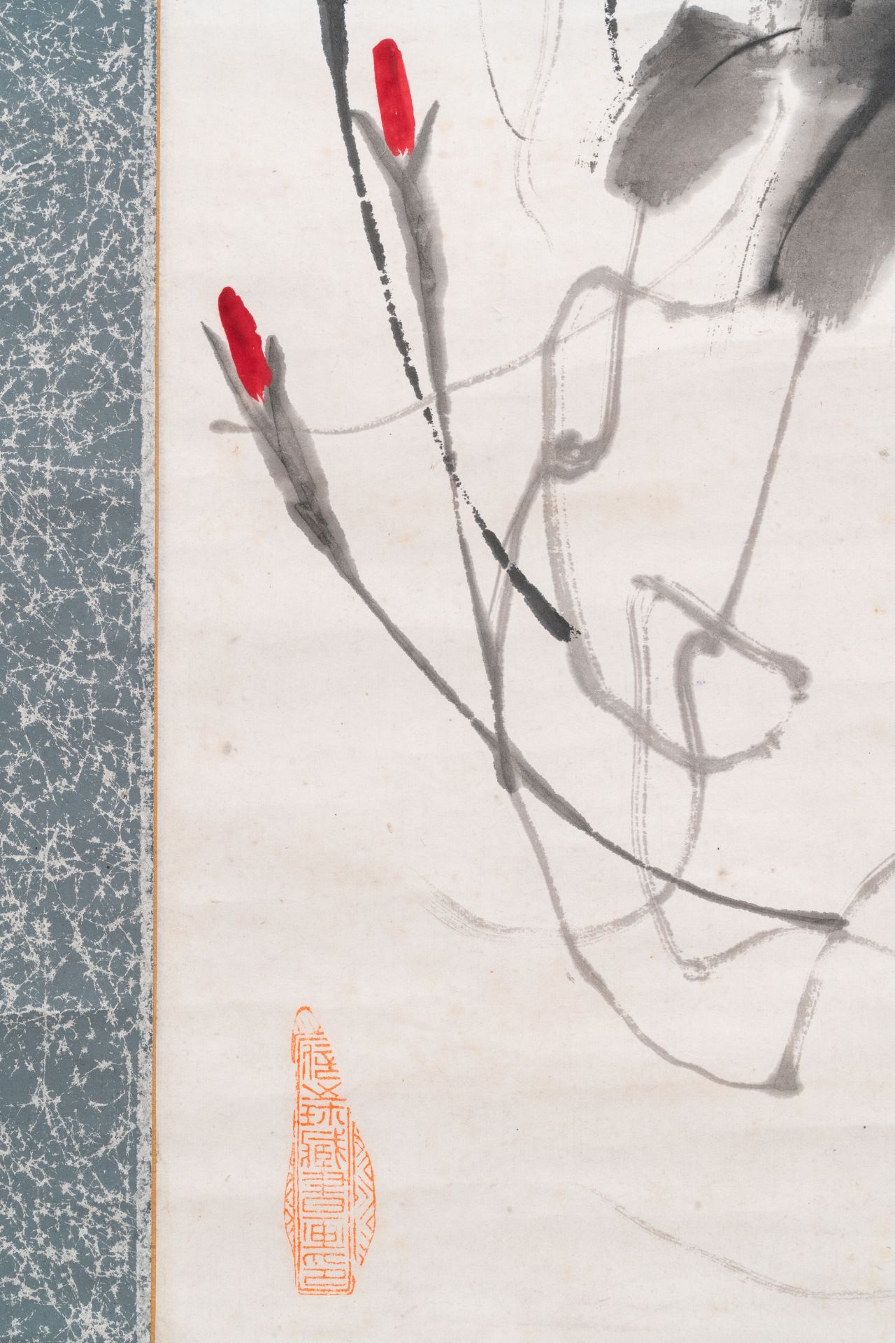 Qi Baishi (1864 - 1957), ink and colour on paper, mounted as a scroll: 'Morning glories' - Image 6 of 8