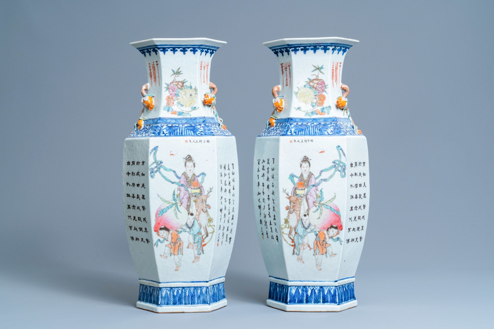 A pair of hexagonal Chinese qianjiang cai vases, 19th/20th C.