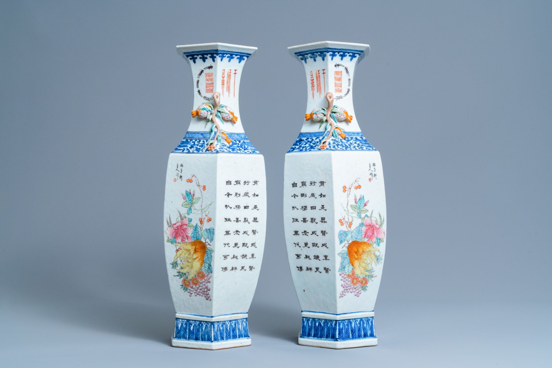A pair of hexagonal Chinese qianjiang cai vases, 19th/20th C. - Image 2 of 6