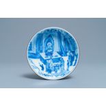 A fine Chinese blue and white Xi Xiang Ji 'temple scene' shallow bowl, Jiajing mark, Kangxi