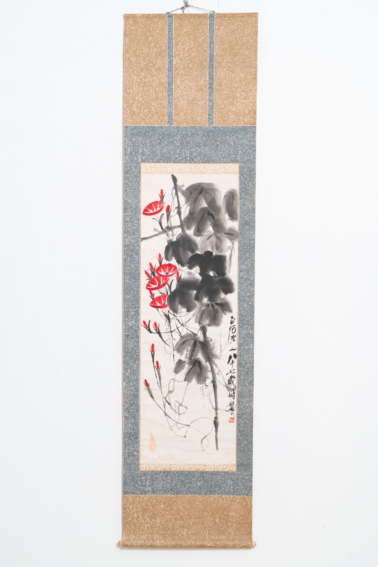 Qi Baishi (1864 - 1957), ink and colour on paper, mounted as a scroll: 'Morning glories' - Image 3 of 8