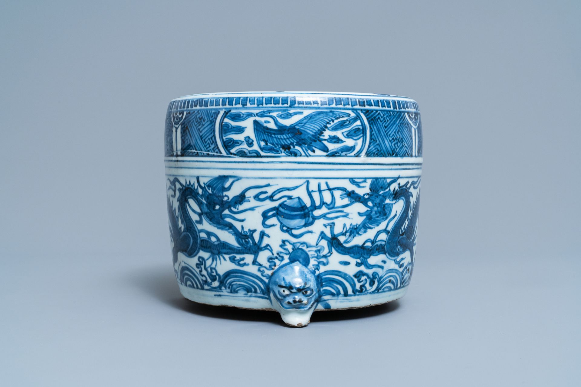 A Chinese blue and white 'dragon' tripod censer, Ming - Image 2 of 20