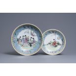 Two Chinese famille rose dishes with ladies in a garden, Qianlong mark, Republic