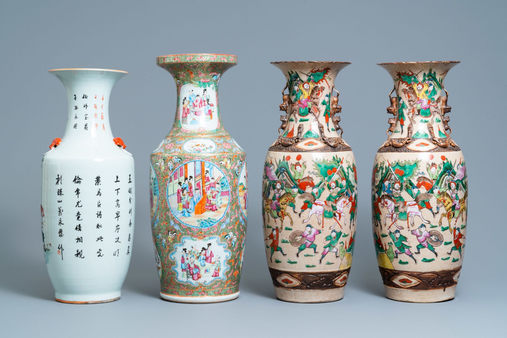 A pair of Chinese Nanking famille rose vases, a Canton vase and a 'phoenixes' vase, 19/20th C. - Image 4 of 9