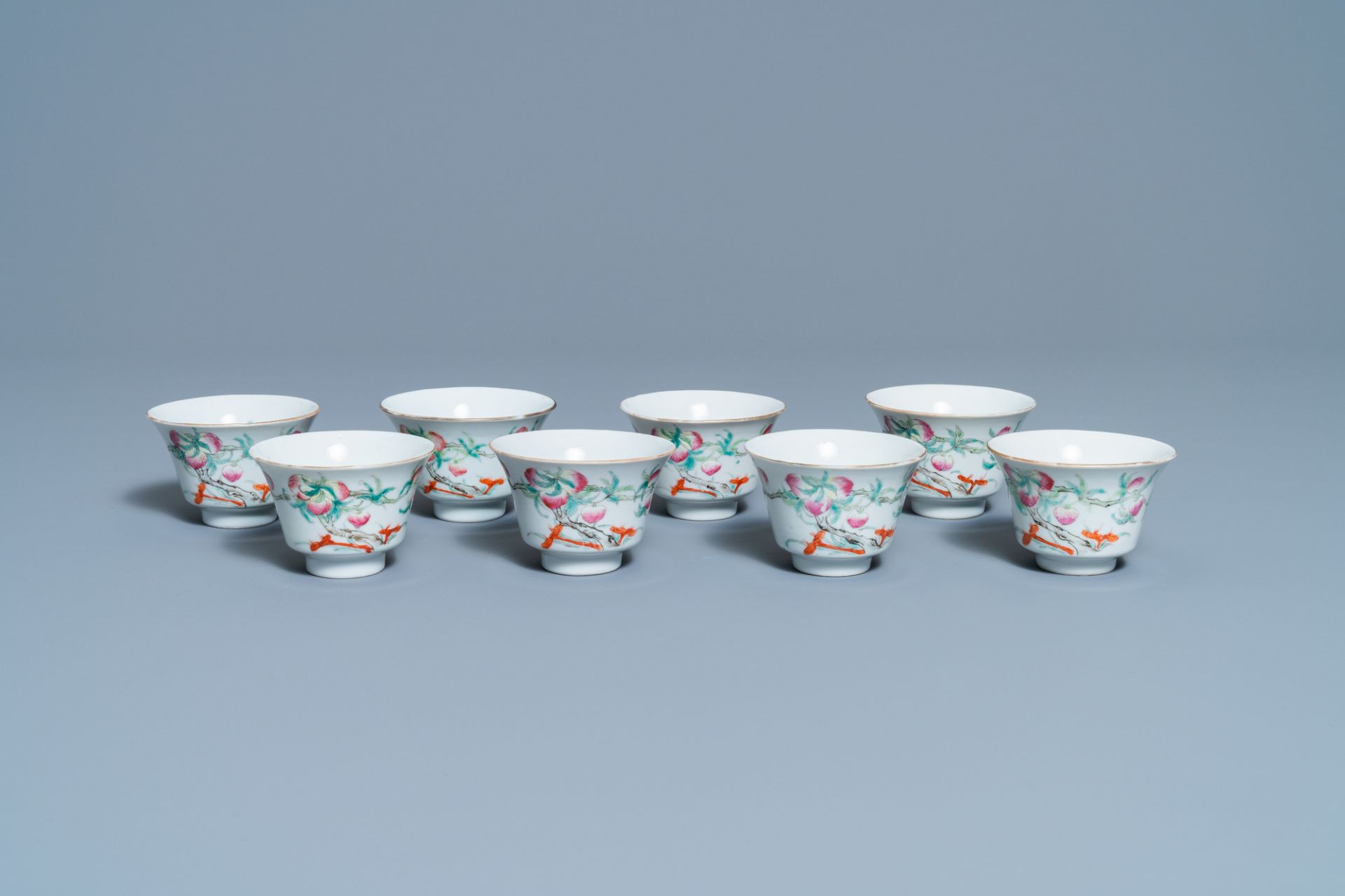 Eight Chinese famille rose 'nine peach' bowls, Hui Tong Zhen Pin mark, 19/20th C.