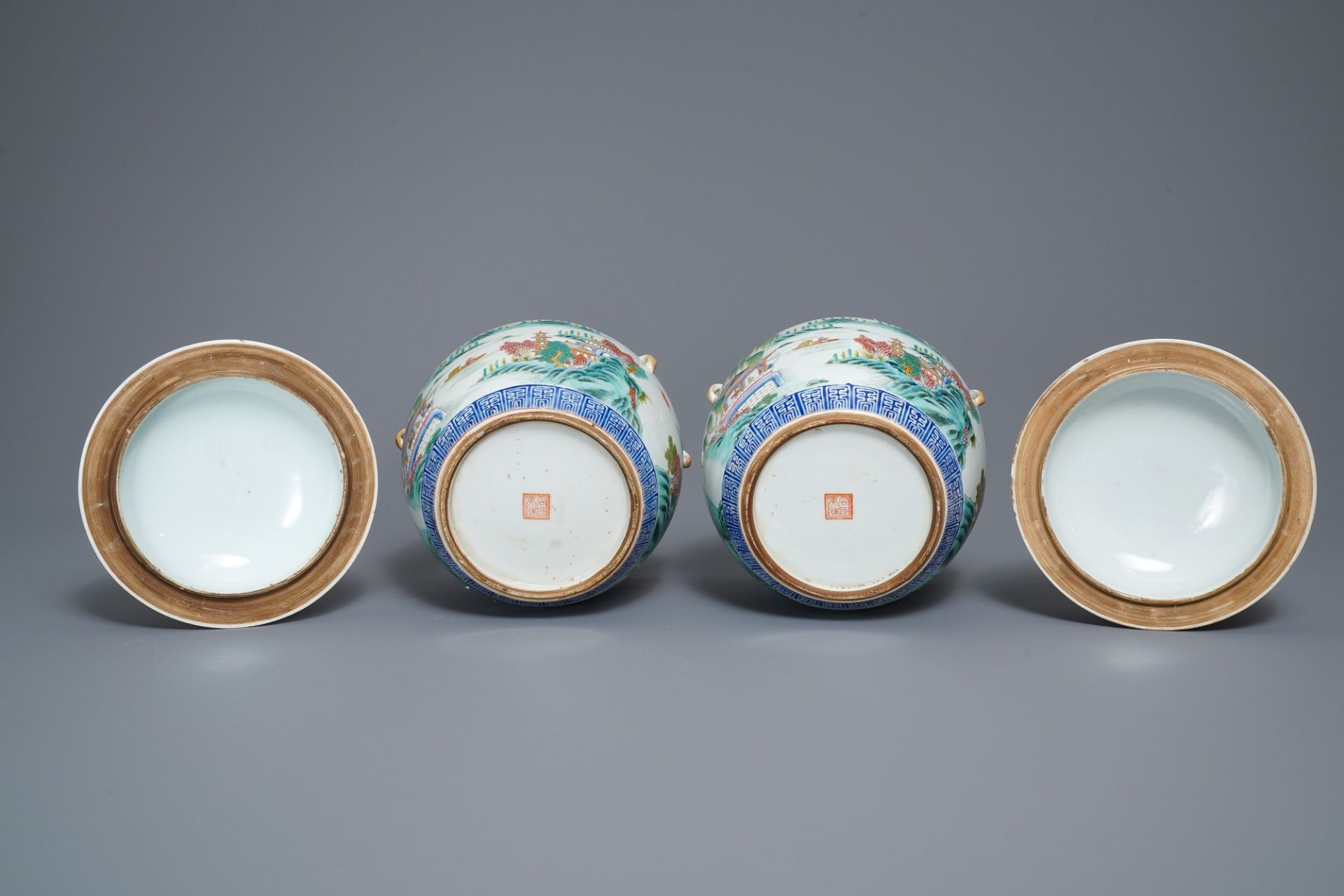 A pair of Chinese famille rose bowls and covers with landscapes, Qianlong mark, Republic - Image 7 of 15