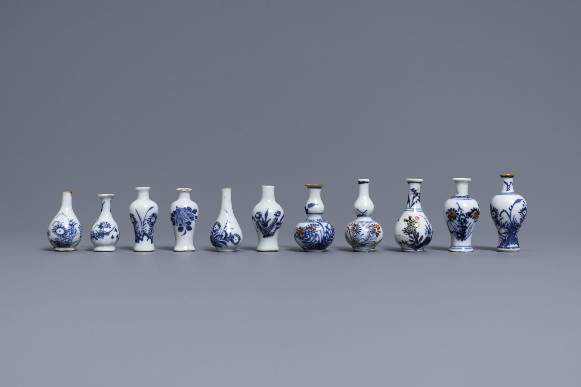 Six Chinese blue and white cups and saucers and eleven miniature vases, Kangxi - Image 2 of 17