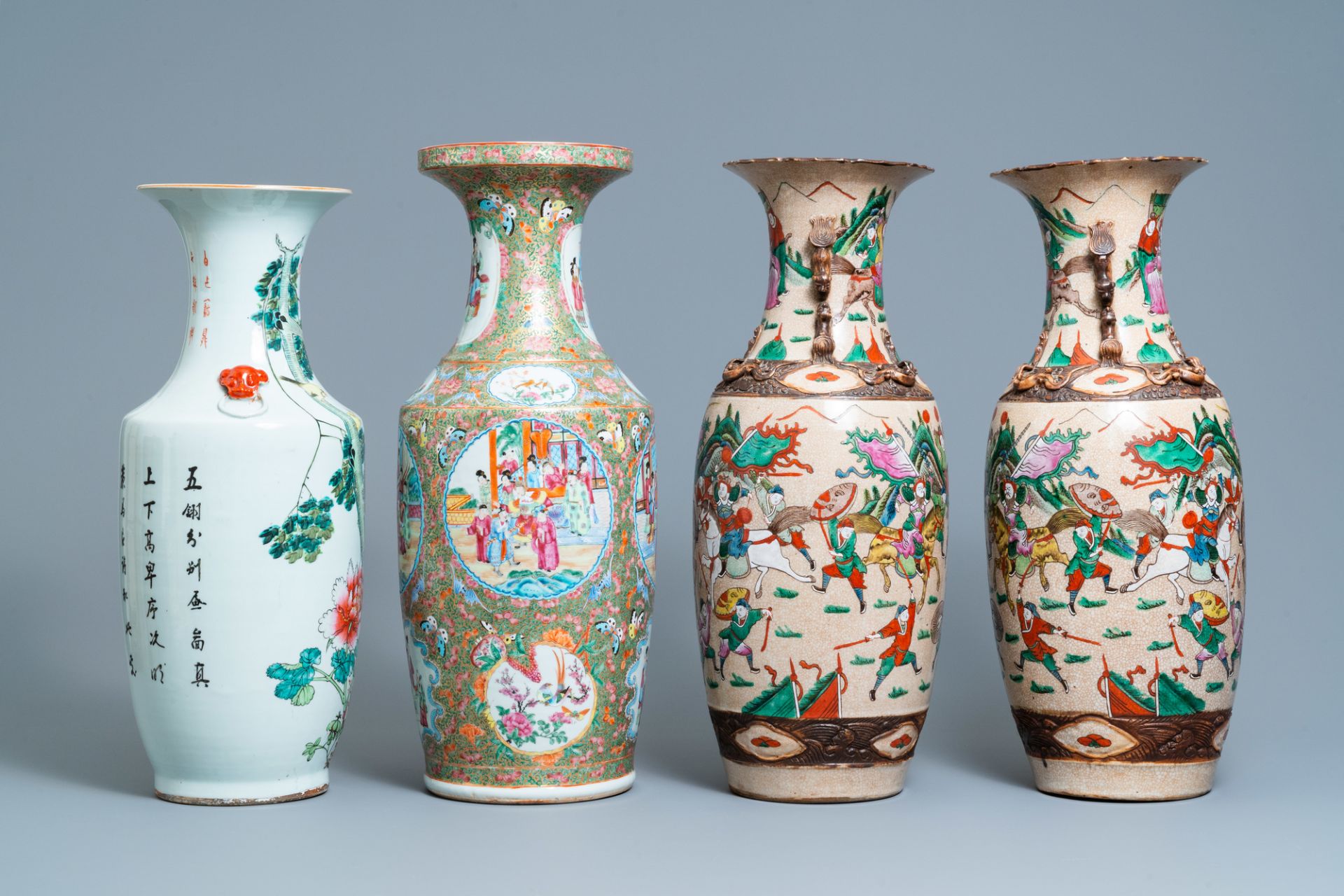 A pair of Chinese Nanking famille rose vases, a Canton vase and a 'phoenixes' vase, 19/20th C. - Image 3 of 9