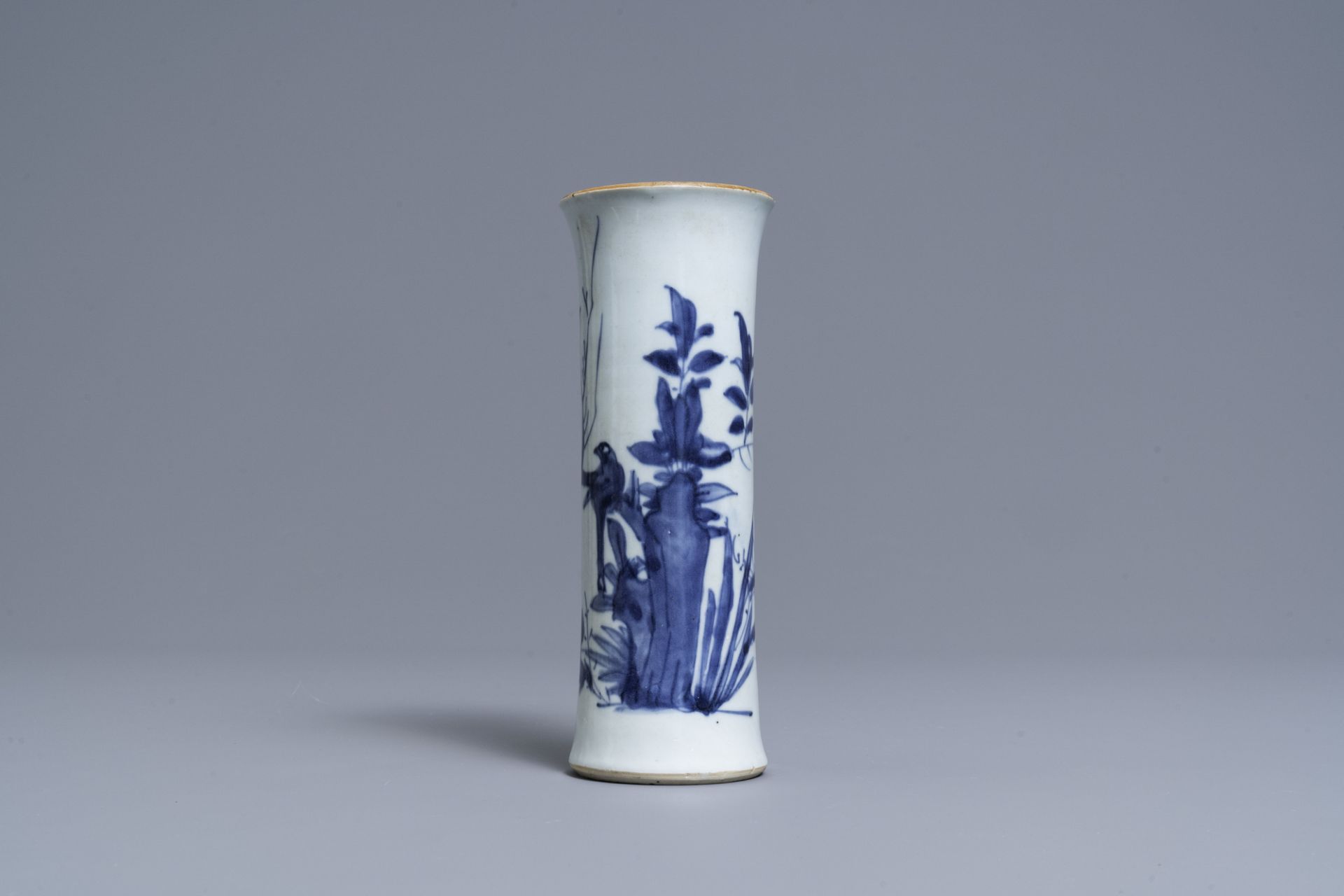 A Chinese blue and white sleeve vase with birds among blossoming branches, Transitional period - Image 3 of 6