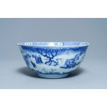 A large Chinese blue and white bowl with figures in a landscape, Kangxi