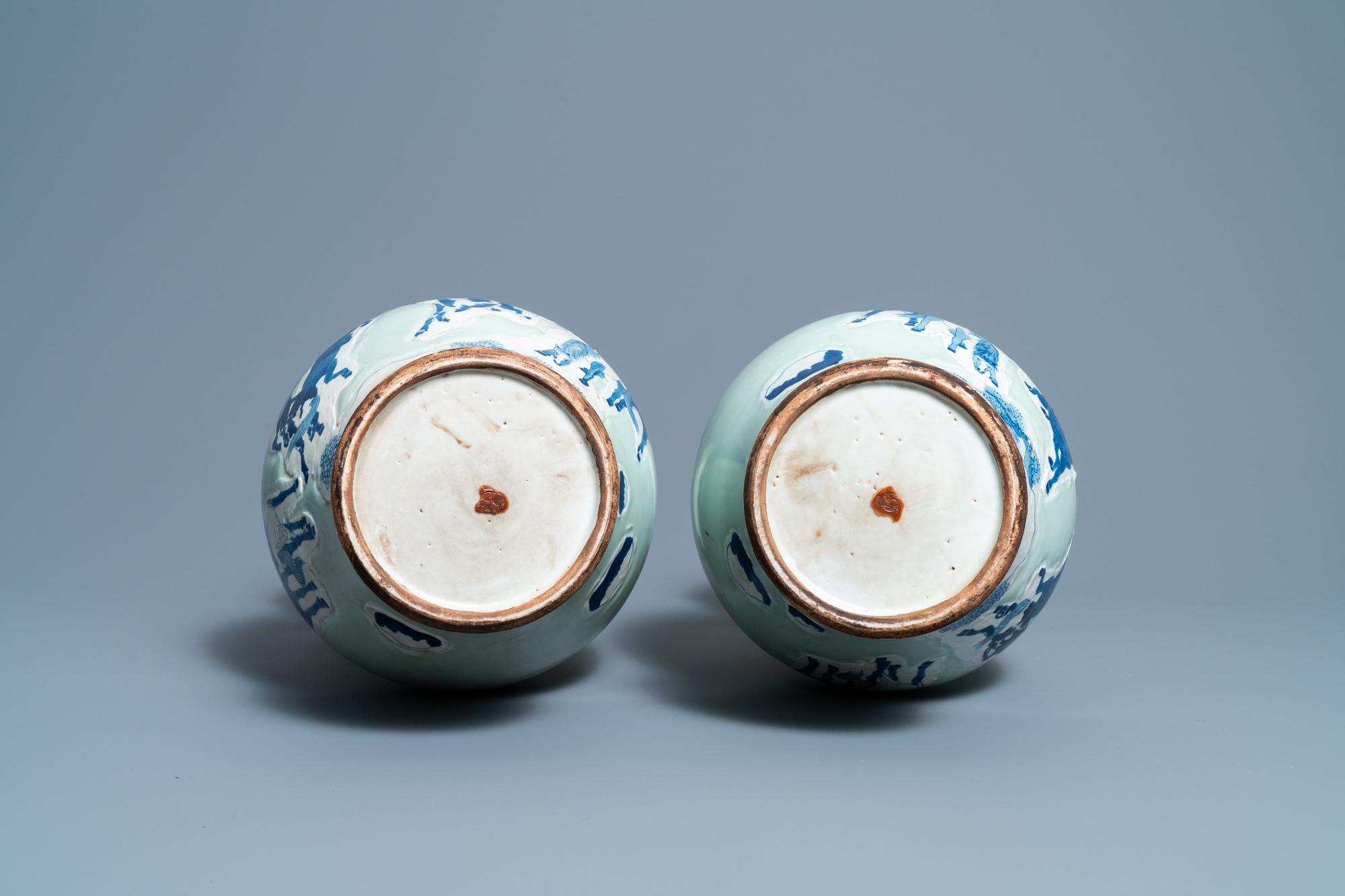 A pair of Chinese blue and white celadon 'horse' vases, 19th C. - Image 6 of 6