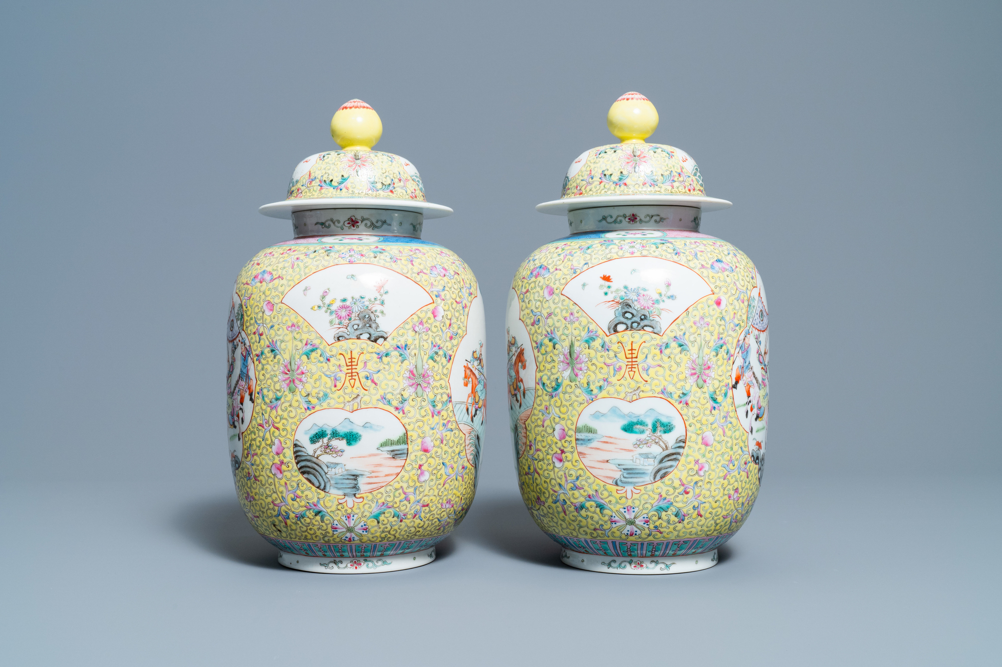 A pair of Chinese famille rose yellow-ground vases and covers, Guangxu mark, Republic - Image 4 of 6