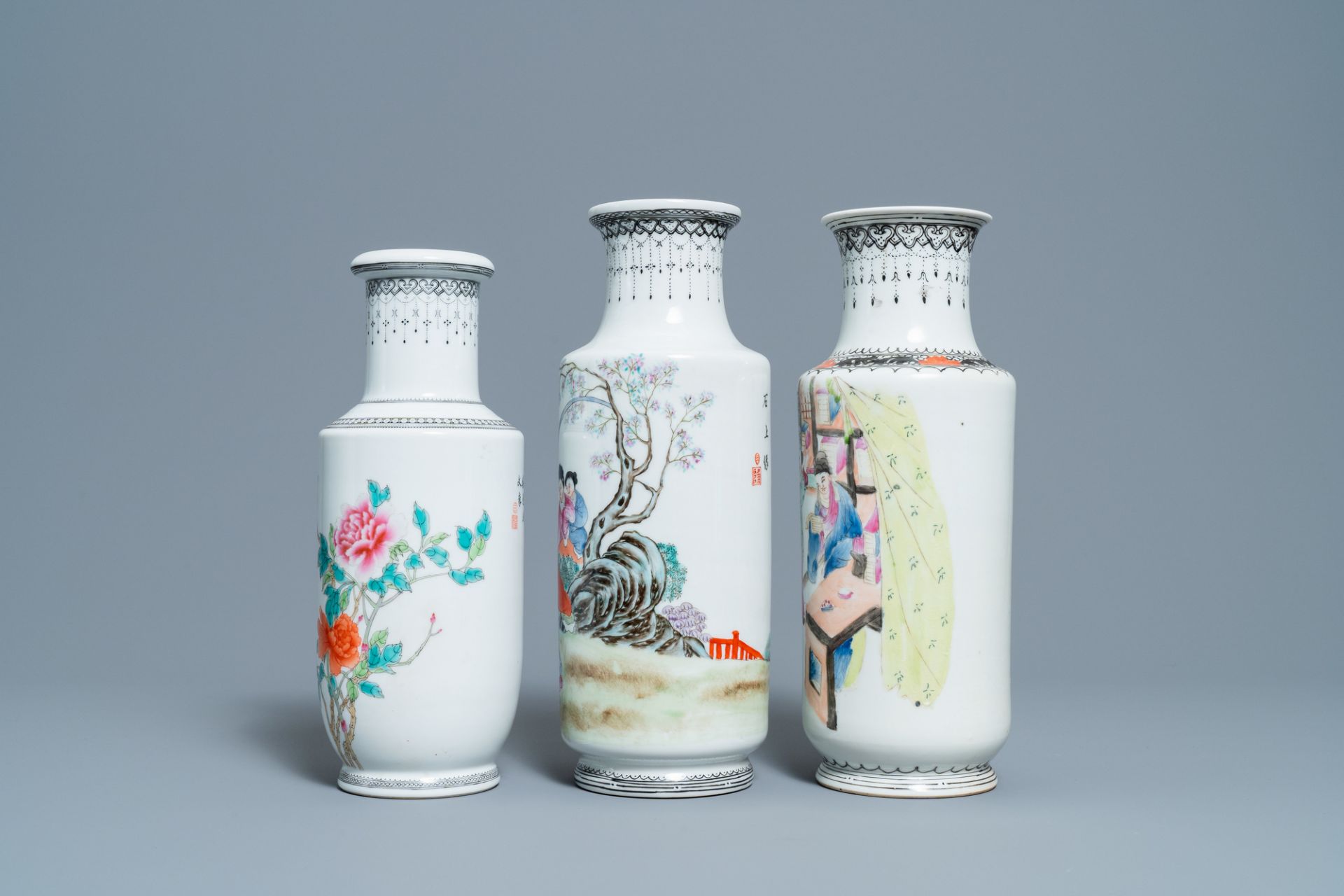 Three Chinese famille rose rouleau vases, Qianlong marks, Republic - Image 3 of 7