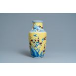 A Chinese blue, white and red yellow-ground vase, 18/19th C.