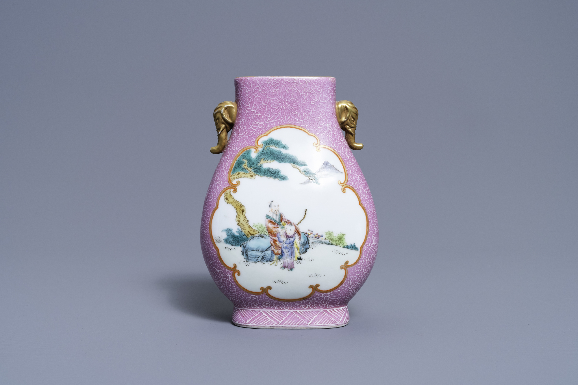 A Chinese pink-ground famille rose 'hu' vase, Jiaqing mark, Republic - Image 3 of 6