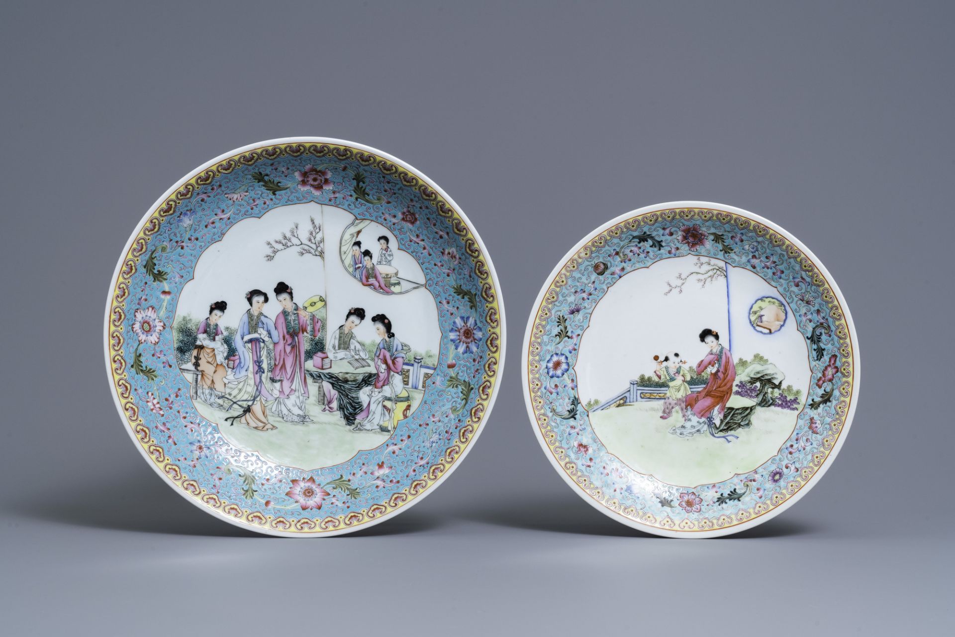 Two Chinese famille rose dishes with ladies in a garden, Qianlong mark, Republic - Image 2 of 3