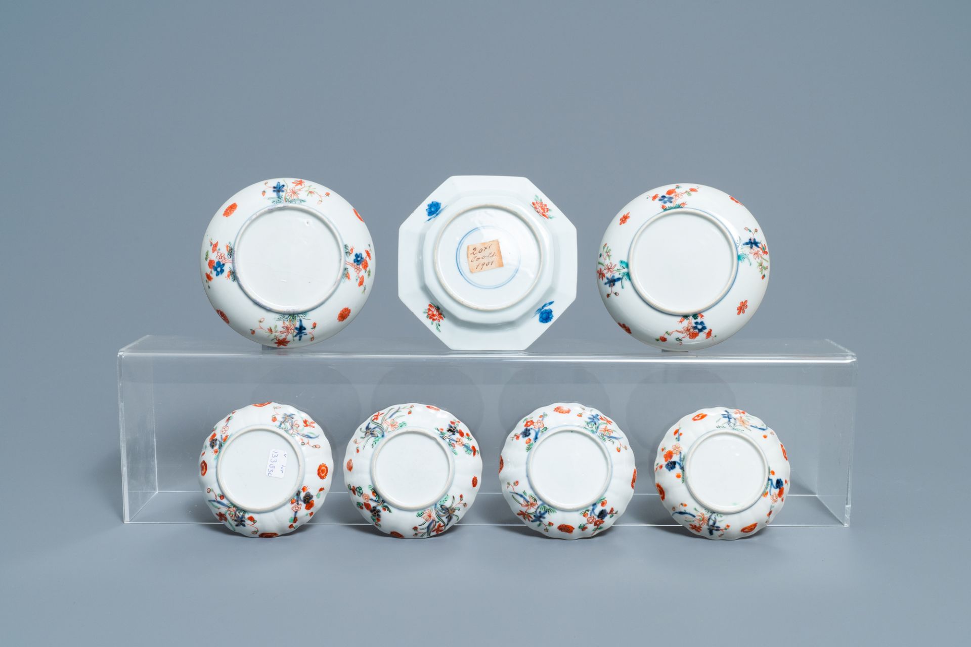 A Chinese famille verte teapot, seven saucers and five cups, Kangxi - Image 3 of 9