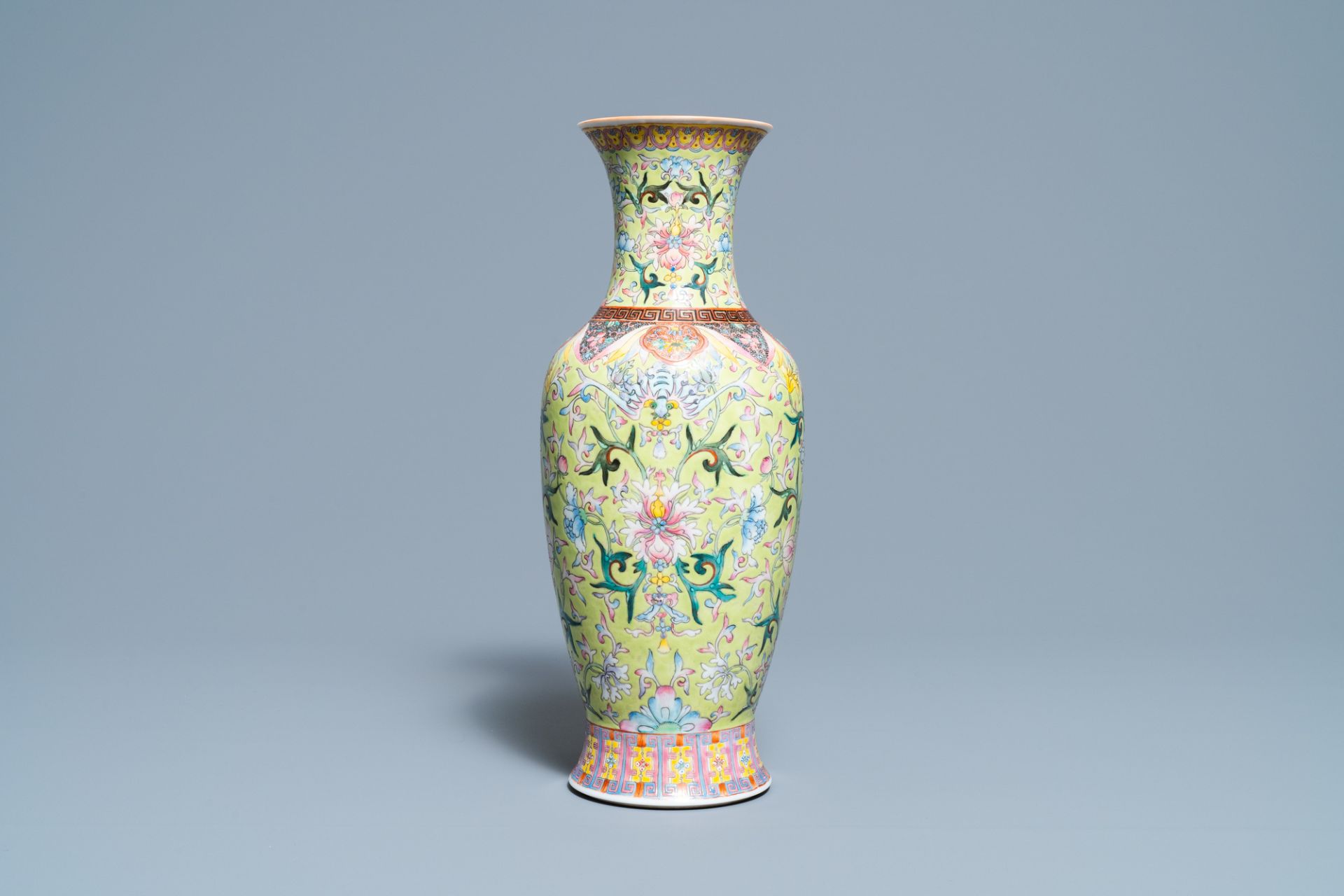 A Chinese famille rose lime green-ground vase, Qianlong mark, Republic - Image 2 of 6