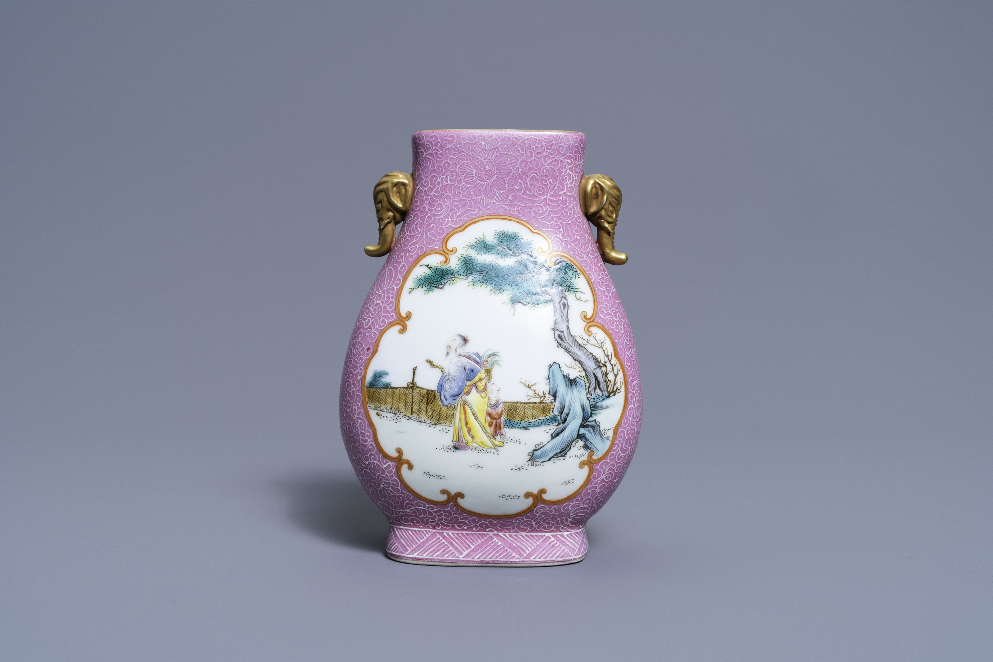 A Chinese pink-ground famille rose 'hu' vase, Jiaqing mark, Republic