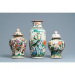 Three Chinese Nanking famille rose and verte crackle-glazed vases, 19/20th C.