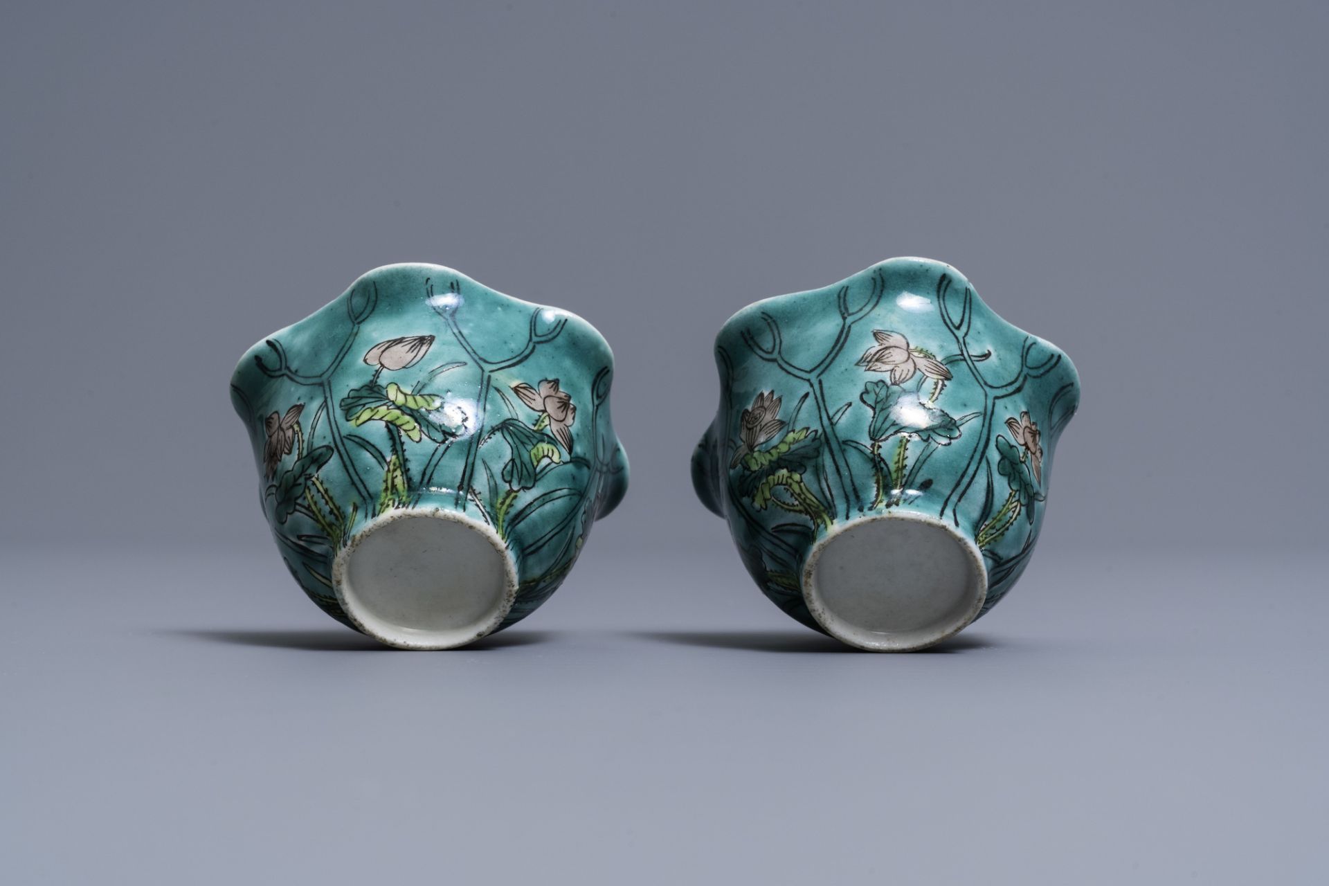 A pair of Chinese verte biscuit lotus-shaped trick cups, 19th C. - Image 6 of 11